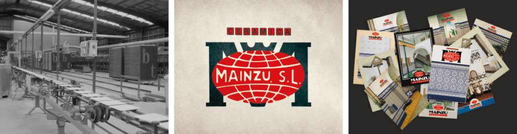 タイルブランド「MAINZU」の創業当初に関する3枚横並びの画像。左からモノクロのタイル工場、初代ロゴ、過去のカタログ複数