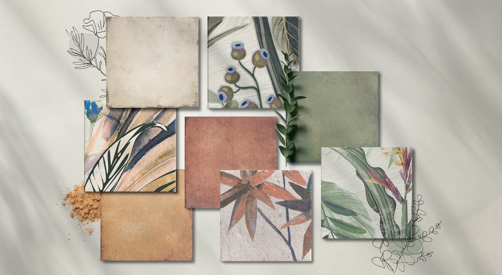 白、茶色、緑、植物柄など、ランダムに並べられた正方形の様々なタイル