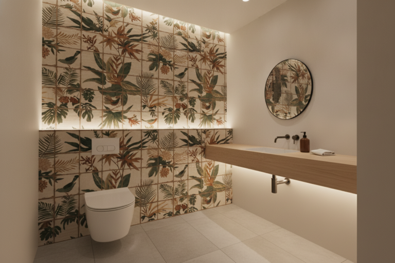 トイレの壁一面に植物柄の装飾タイルを張ったイメージ