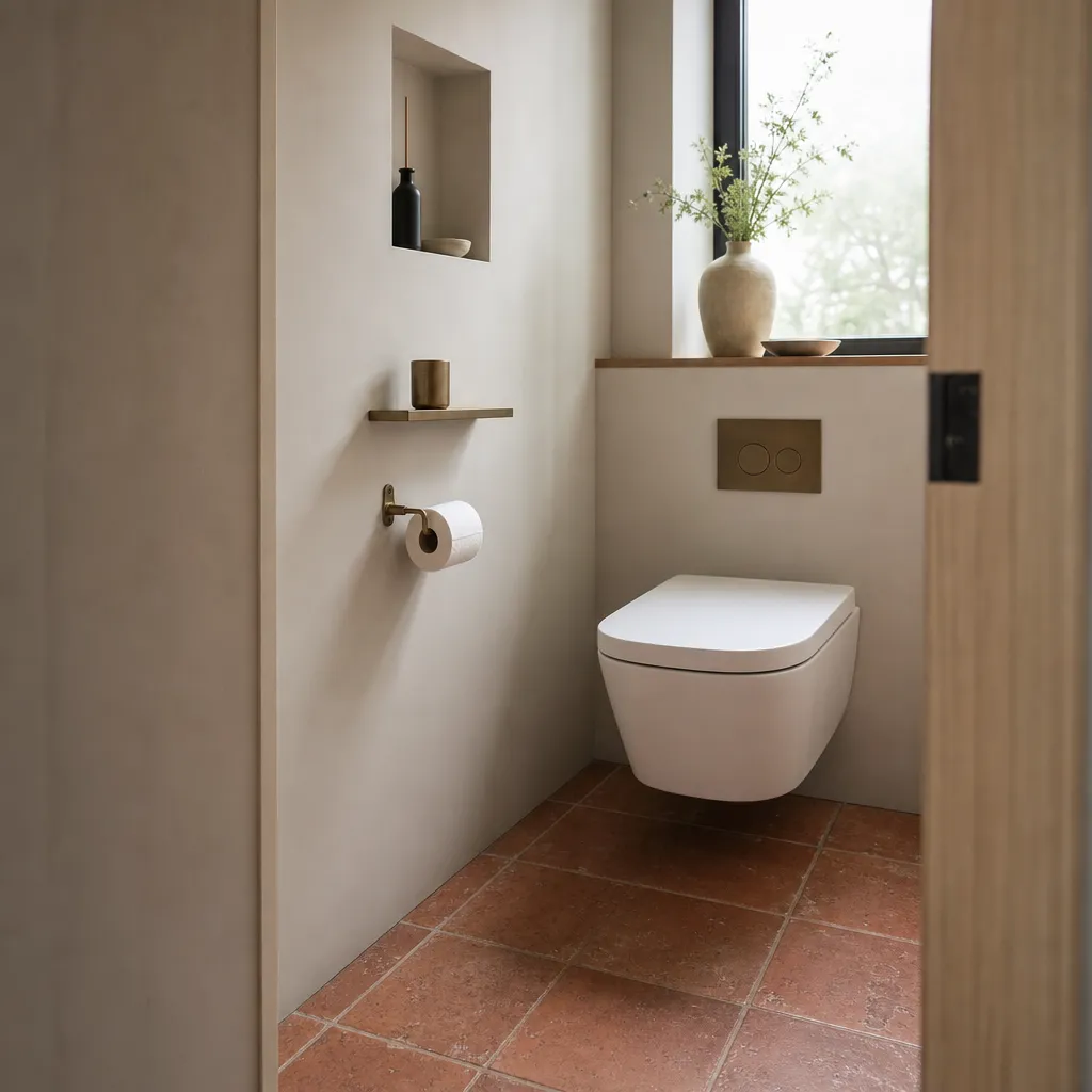 トイレの床にテラコッタ調タイルを使用したおしゃれな施工例|Tile Capsule